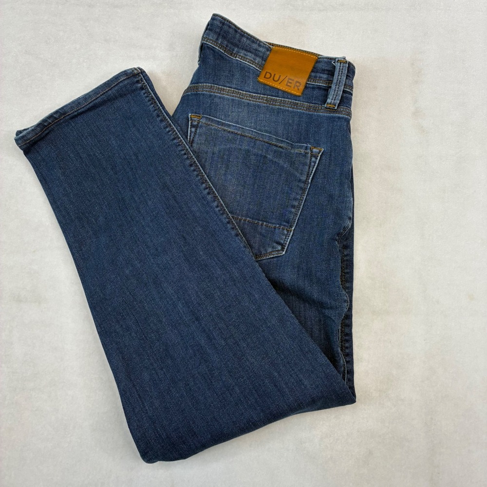 DU/ER Performance Denim Jeans Mens 32x27 Blue L2X Relaxed Taper Stretch Gusset